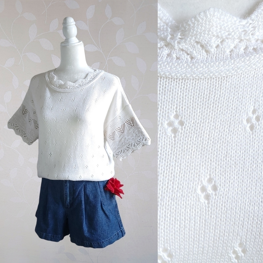 Vintage 60s College Point Pointelle Sweater Top Scallop Knit Short Sleeve Cream